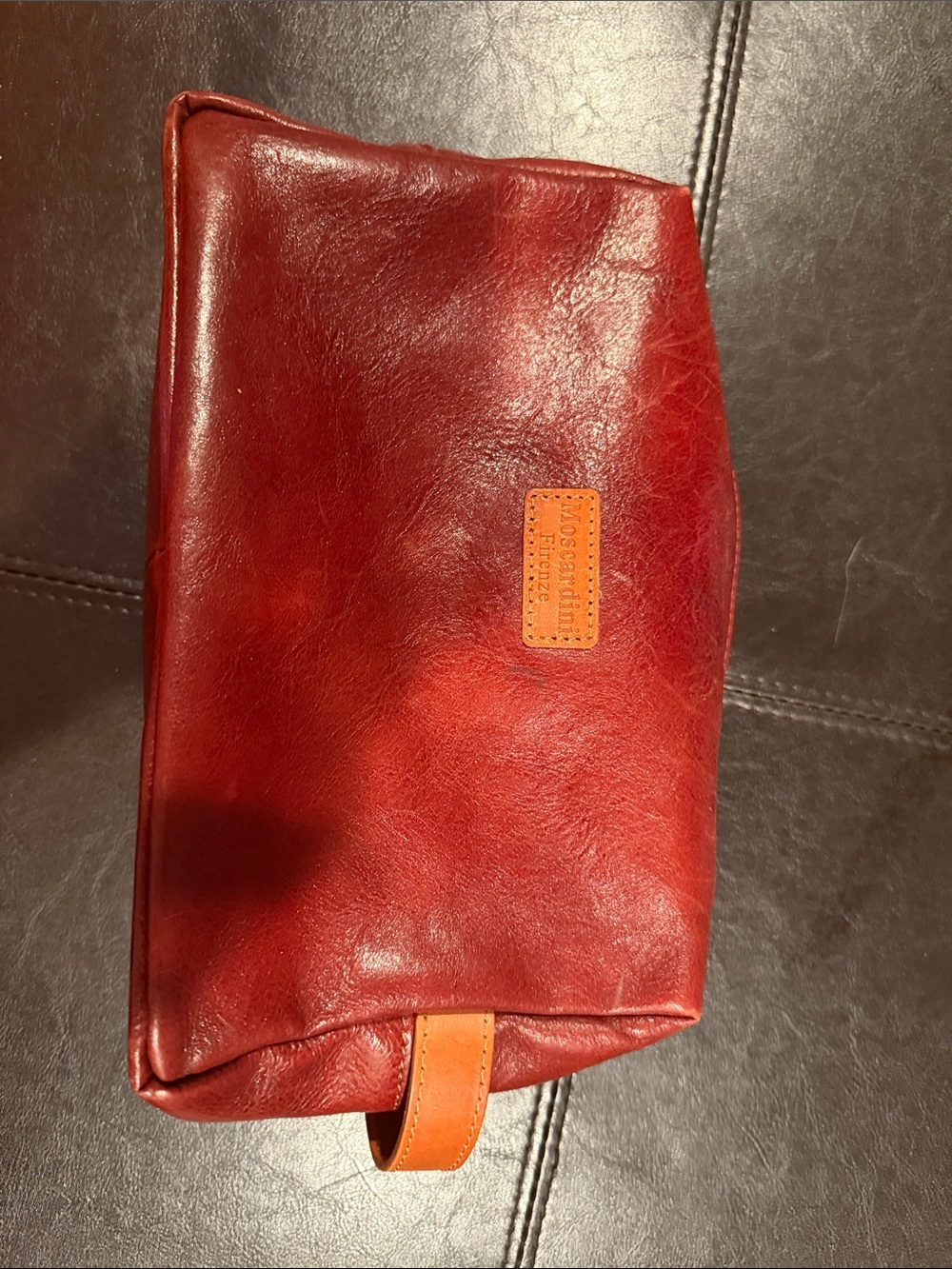 Red Leather Men's Toiletry Dopp Kit with Contrast Tan Handle
